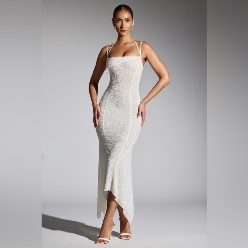 NEW OH POLLY Dole Embellished Handkerchief Hem Maxi Dress in Ivory